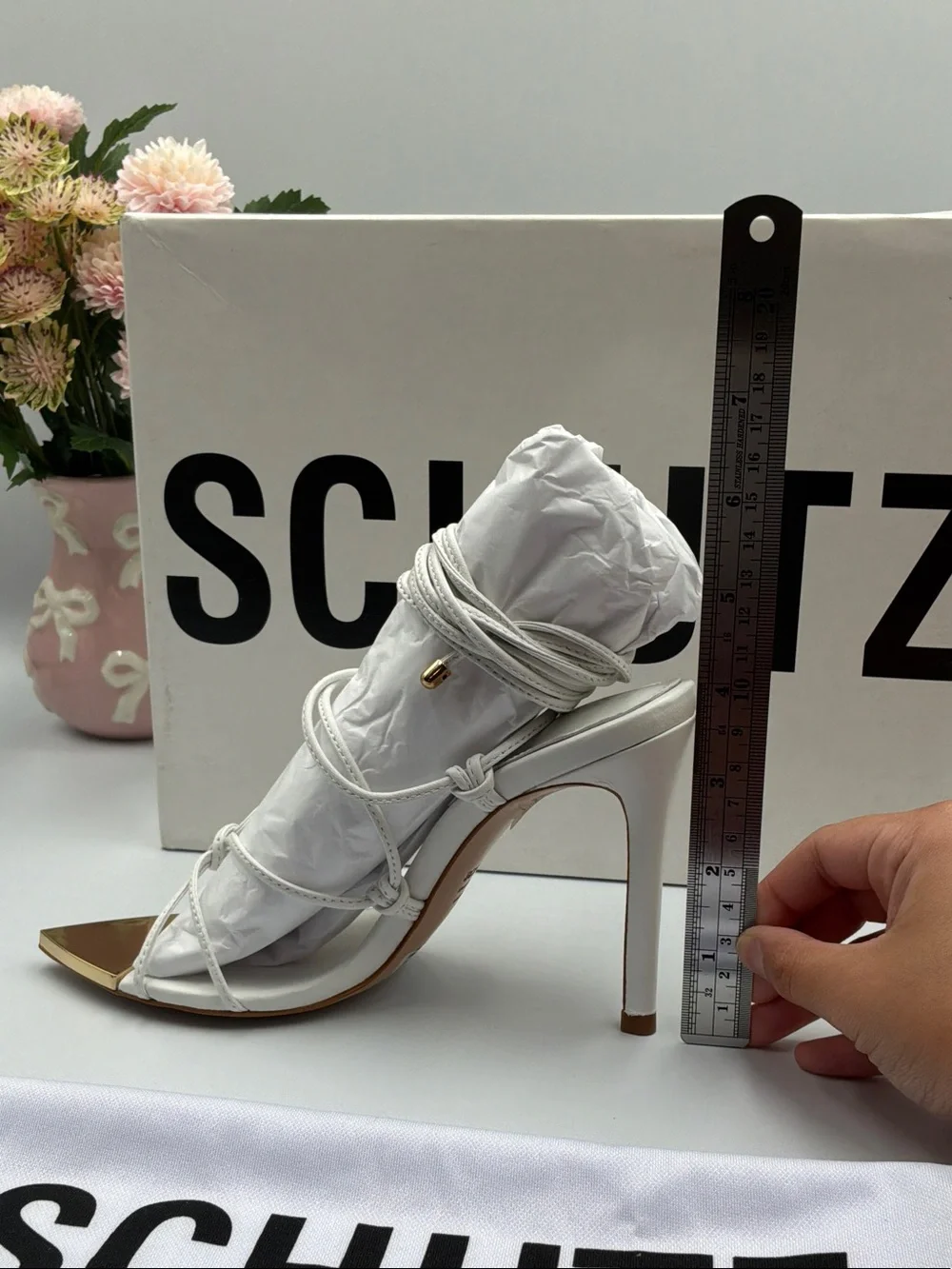 SCHUTZ White Strappy Pointed-Toe Stiletto Sandals with Gold Toe Accent
